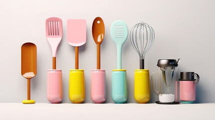 Organized Kitchen Utensils on White Table for Cooking Preparation