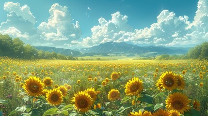 Obraz premium A sunflower field glowing in the golden afternoon light, blue sky with fluffy white clouds, cinematic realism