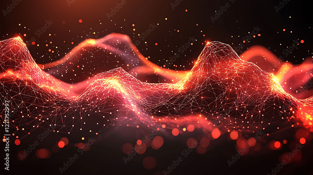 Poster abstract fiery landscape of interconnected nodes and glowing particles. perfect for illustrating con