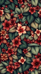 Fototapeta premium An intricate seamless pattern featuring a detailed botanical illustration of leaves and flowers in a realistic style. Rich, saturated greens, deep reds, and earthy browns do.
