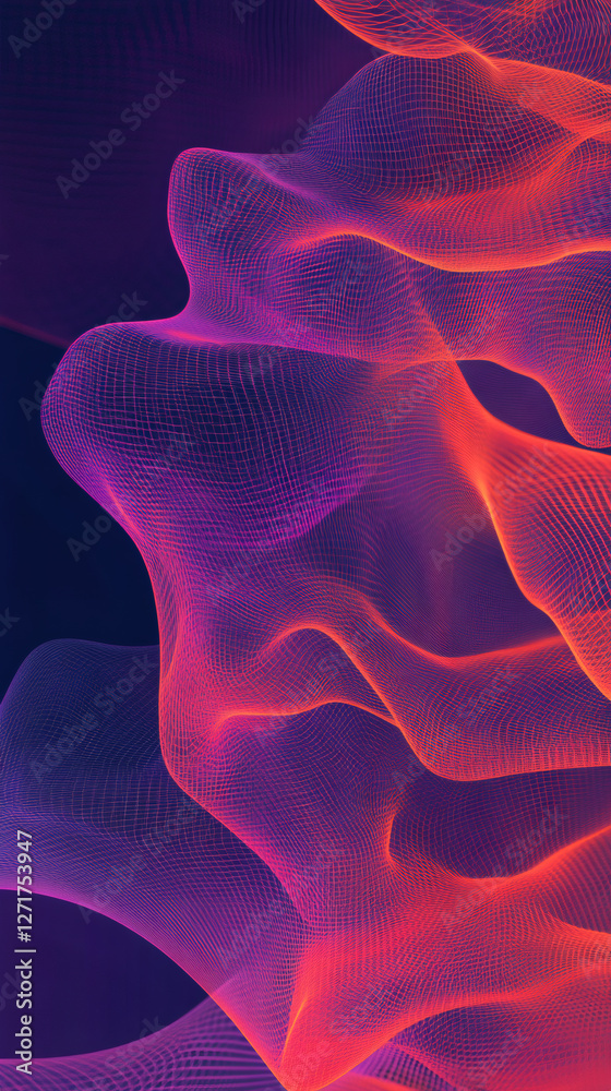 Poster glowing particle network forming digital waves, representing technological connectivity and data flo