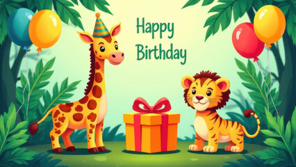 Naklejka premium A cheerful giraffe wearing a party hat and a playful lion are celebrating a birthday in a vibrant jungle. Colorful balloons and a gift box enhance the festive atmosphere.