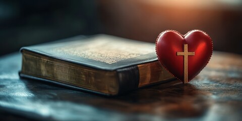 Heart symbol and open Bible on a wooden surface reflecting faith and love in a serene setting