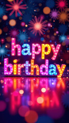 A vibrant birthday sign illuminated in bright colors sits against a festive backdrop filled with sparkling lights and blurred patterns. The colorful atmosphere enhances the celebratory mood.