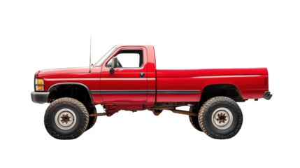 A red pickup truck with a white bumper