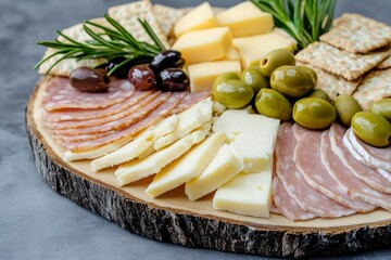 Delicious charcuterie board featuring sliced turkey, cheese, olives, and crackers