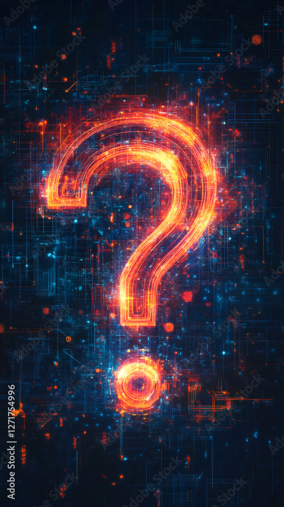 Poster orange question mark emerging from a computer circuit, symbolizing technological questions and chall