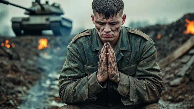 Soldier kneels with hands clasped in prayer, seeking solace amidst destruction and the chaos of war as flames engulf the background.