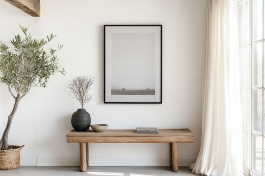 Bright and airy living room featuring a floating wooden console, soft linen curtains, and minimalist decor illuminated by morning light for a serene atmosphere