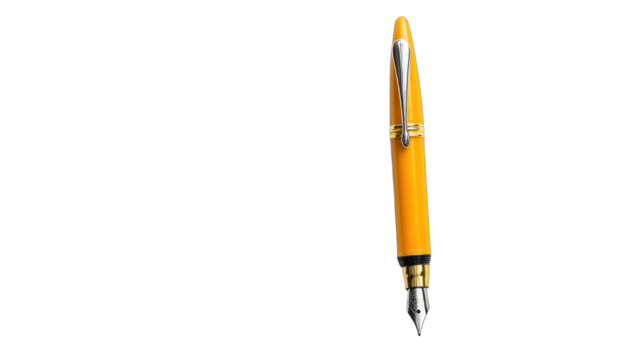 A yellow pen with gold trim sits on a white background
