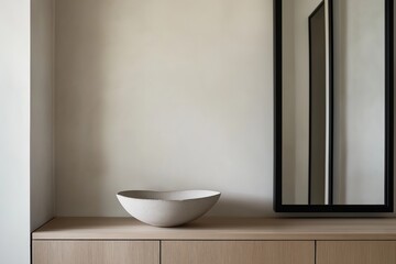 Fototapeta premium Minimalistic contemporary interior featuring floating oak cabinet, sculptural ceramic bowl, and floor-to-ceiling mirror in morning light
