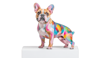 A dog with multi-colored fur stands on a white surface