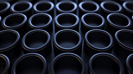 Abstract Matrix of Dark Cylindrical Forms with Metallic Trim Modern Industrial Aesthetics 104 chars