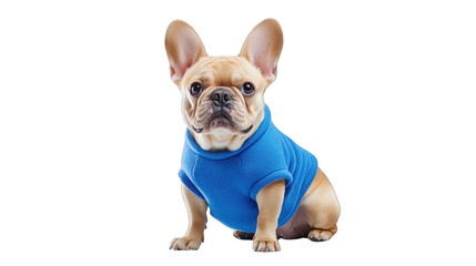 A small dog is wearing a blue sweater