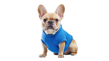 A small dog is wearing a blue sweater
