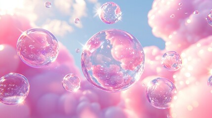 Delicate bubbles drift gracefully among billowing pink clouds that fill the sky, reflecting light in a dance of colors, creating a whimsical atmosphere during a tranquil afternoon