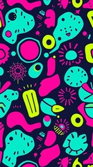 Naklejka premium An energetic seamless pattern displaying a dynamic mix of abstract shapes and bold lines in shades of turquoise, fuchsia, and lime green, with a playful, retro-futuristic ae.