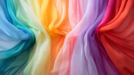 Colorful sheer fabrics arranged in rainbow spectrum