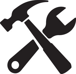 A simple minimalist icon set against a white background, the icon consists of a black hammer and wrench crossed over each other