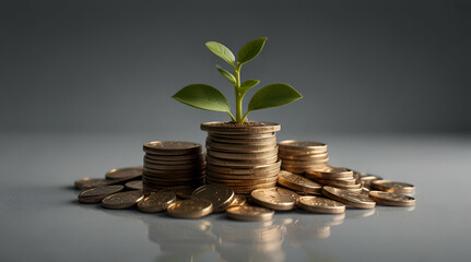 Pile of coins with a growing plant on top symbolizing financial growth isolated on transparent background,ai
