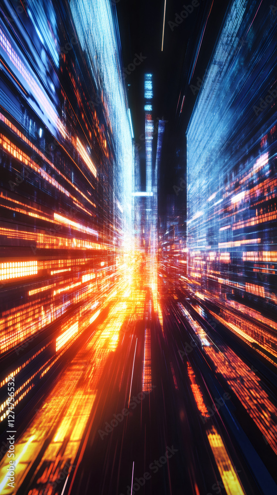 Fototapete abstract digital information flowing through futuristic cyberpunk cityscape with motion blur effect,