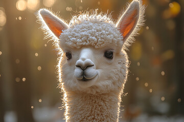 Obraz premium Snow-kissed Alpaca portrait bathed in gentle golden sunlight