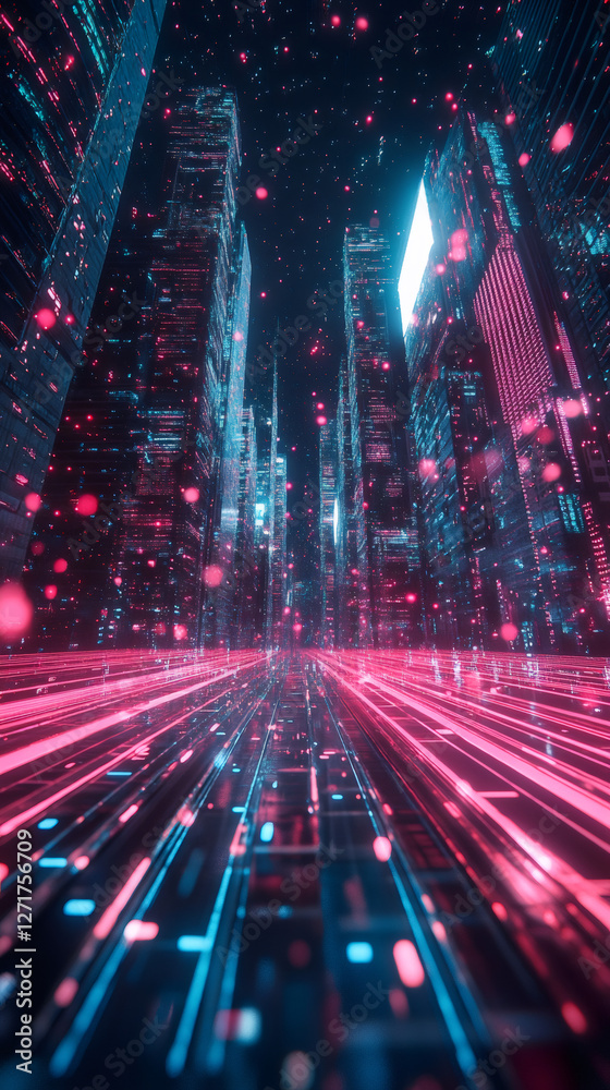 Poster Digital data streams are flowing on the street of a futuristic city with glowing skyscrapers at night