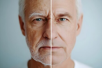 Aging comparison: Senior man's face split to show before and after. Skin rejuvenation concept. Close-up portrait of elderly male with beard illustrating changes over time.