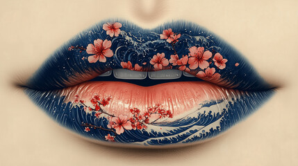 Artistic lip makeup design featuring ocean waves and cherry blossoms in vibrant colors