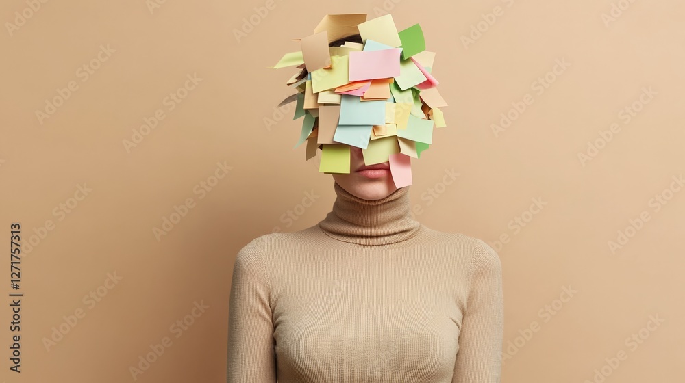 Poster person with head covered in colorful sticky notes symbolizing mental overload, stress, and burnout. 