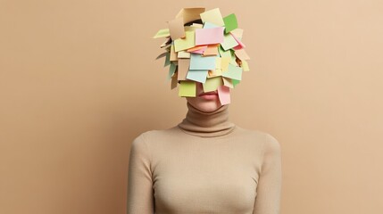 Person with head covered in colorful sticky notes symbolizing mental overload, stress, and burnout. Conceptual representation of information overload and cognitive pressure