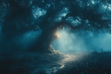 Ethereal pathway beneath ancient tree enveloped in mystical fog aura