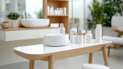 Modern Spa Interior with Skincare Products on Wooden Table