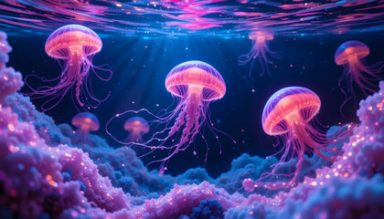 Obraz premium Vibrant jellyfish with neon tentacles in abstract water environment, dynamic waves and glowing effects.
