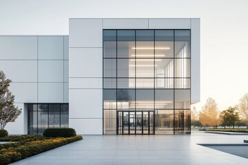 Innovative pharmaceutical factory exterior modern architecture industrial site clean environment wide-angle view