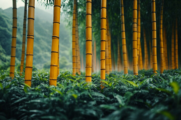Golden Bamboo Canopy, A Serene Forest View with Lush Green Foliage