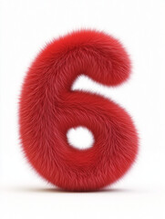 Red fluffy number six displayed prominently on a white background, showcasing vibrant texture and playful design