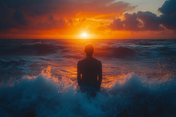 Obraz premium Golden Hour Solitude, A figure stands in the ocean bathed in sunset light