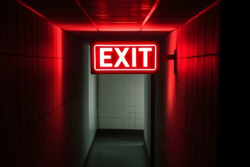 Illuminated red exit sign in dark corridor with neon lighting. Emergency escape route in building interior. Dramatic urban nightlife atmosphere.