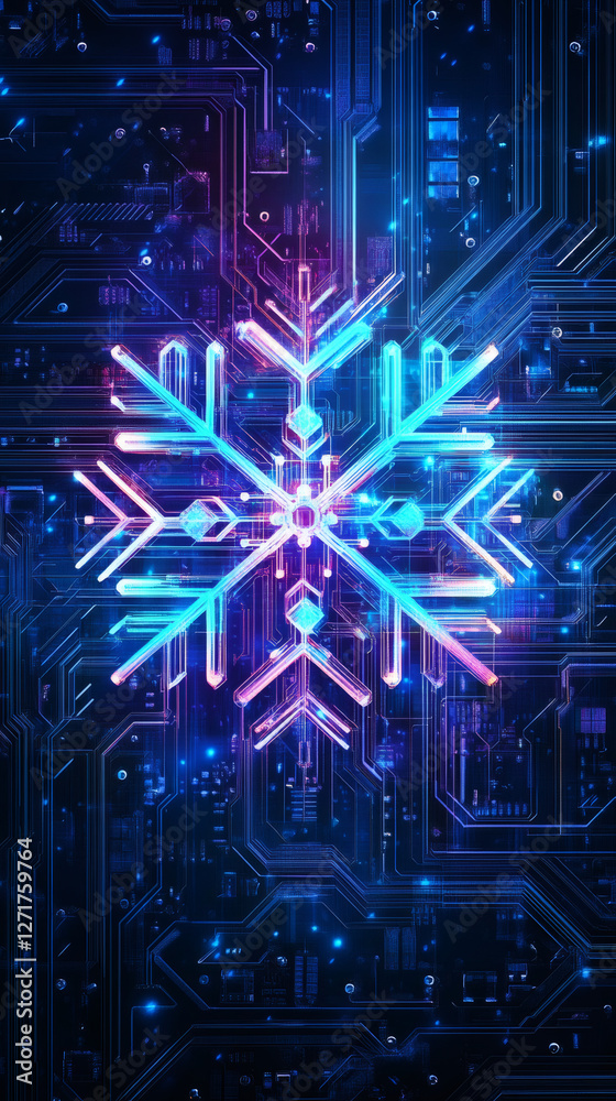 Poster christmas snowflake illuminating on a circuit board, symbolizing the fusion of festive tradition and