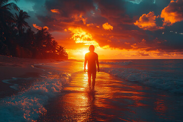 Fototapeta premium Silhouette Wanderer, A Beach Stroll Amidst Fiery Sunset Skies