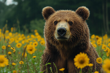 Obraz premium Grizzly Encounter, A Bear Stares Amidst a Field of Yellow Blooms