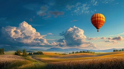 Obraz premium Colorful Hot Air Balloon Floating Above Golden Wheat Fields