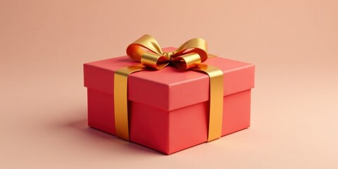 Fototapeta premium A coral gift box adorned with a golden ribbon, a symbol of celebration and thoughtful gifting.