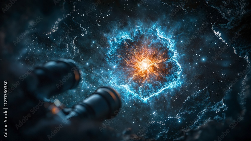 Poster scientist observing newly formed celestial body outer space digital art cosmic environment astronomi