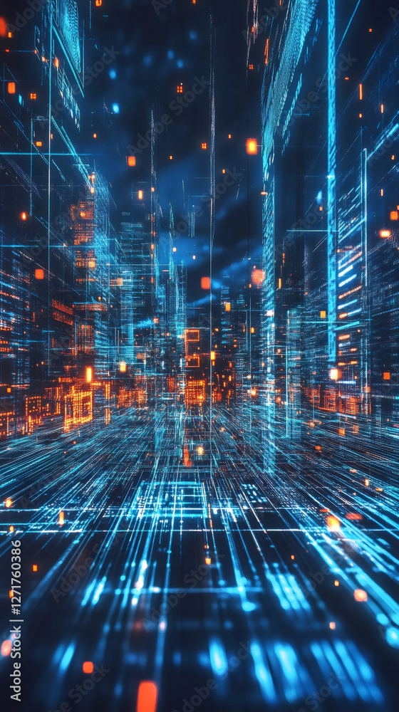 Aufkleber futuristic cityscape made of digital code is representing the metaverse and the future of internet