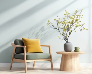 Fototapeta premium Modern Living Room with Stylish Chair and Decorative Plant Arrangement
