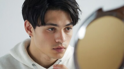 portrait of a handsome young man looking into mirror