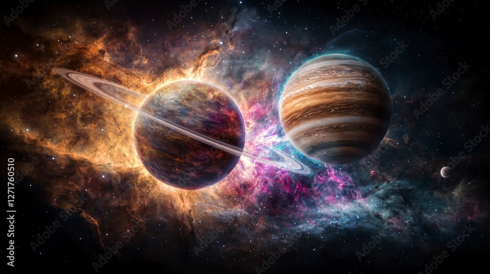 Poster interstellar collision two enormous planets in a surreal cosmic scene outer space digital art fantas