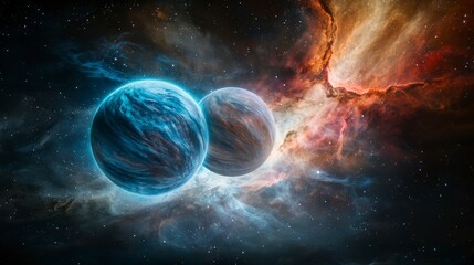 Obraz premium Cosmic collision of two enormous planets in a surreal space scene deep space digital art vivid colors